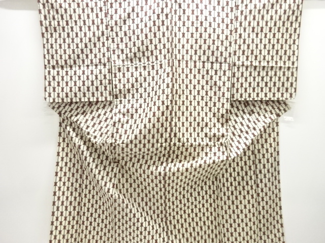 大正ロマン　縞に抽象模様織り出し銘仙単衣着物